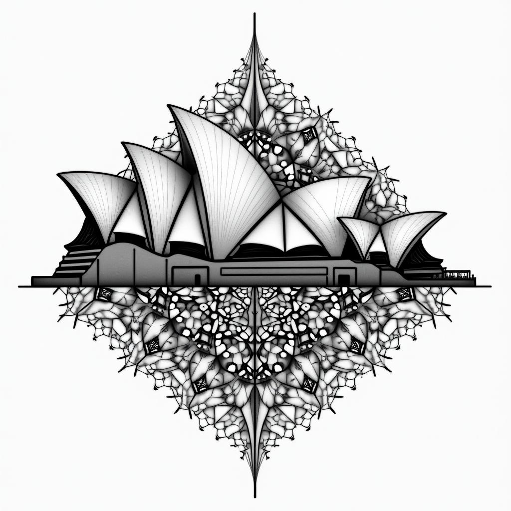 Sydney opera house and bridge skyline in geometric style tattoo, blending hexagons, mandala-inspired patterns, symmetrical and fractal design, clean lines, sharp angles - Variation 3