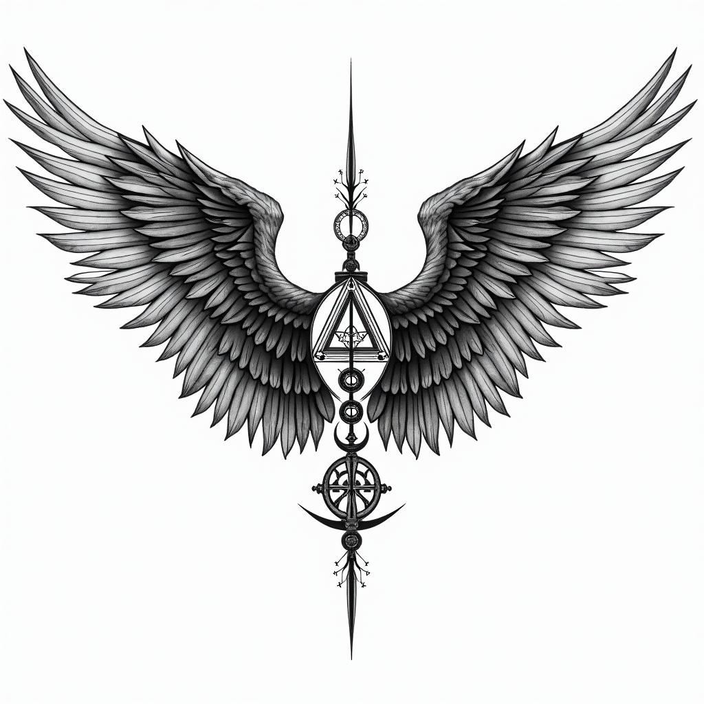 Angel wings with detailed feathersin paganic style tattoo, featuring ancient symbols, add vegvisir symbol, mystical figures, incorporating designs, pentagrams, runes, crescent moons,