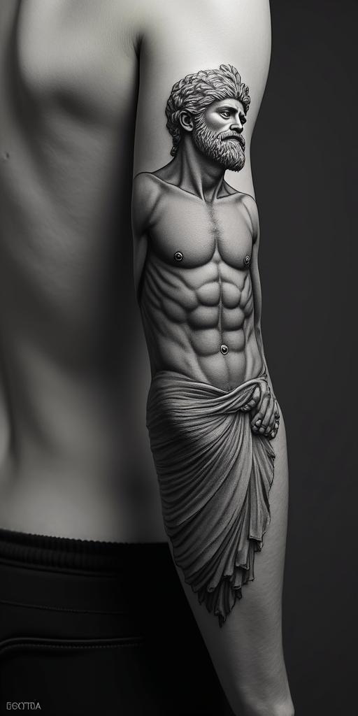 Greek mythologyin realism tattoo style, featuring a highly detailed, lifelike, capturing every detail, photorealistic, ultra realistic, intricate shading, smooth and sharp,  