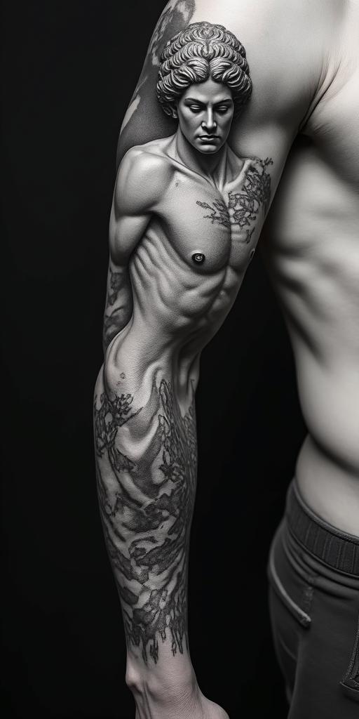 Greek mythologyin realism tattoo style, featuring a highly detailed, lifelike, capturing every detail, photorealistic, ultra realistic, intricate shading, smooth and sharp,   - Variation 2