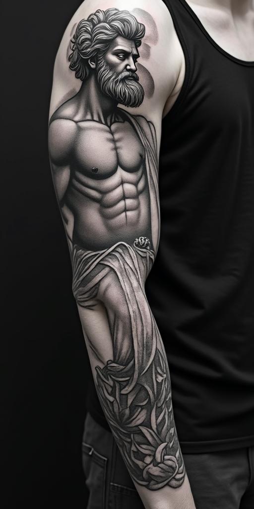 Greek mythologyin realism tattoo style, featuring a highly detailed, lifelike, capturing every detail, photorealistic, ultra realistic, intricate shading, smooth and sharp,   - Variation 3