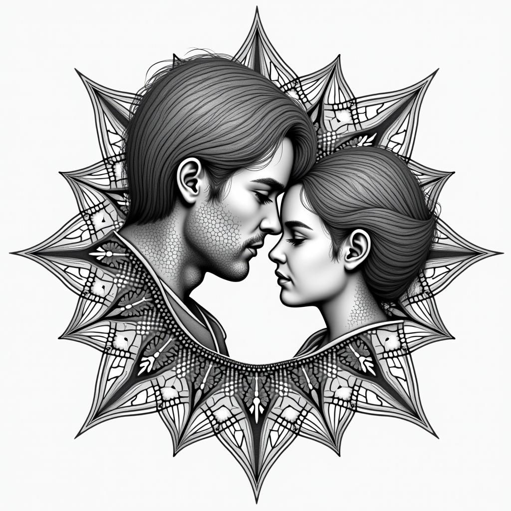 Father and daughter in geometric style tattoo, blending hexagons, mandala-inspired patterns, symmetrical and fractal design, clean lines, sharp angles