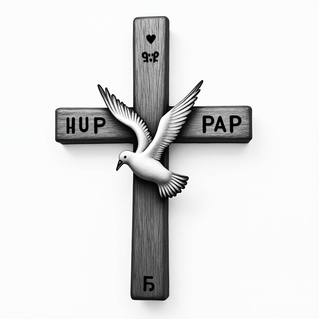 WOODEN CROSS WITH NAME "BUB" and date 03/23/1991 on one side AND "PAP" with date 11/10/1986 on other side WITH A WHITE DOVE LANDING ON top of IT and "mom" with 11/17/2017 on the dovehigly detailed tattoo - Variation 4