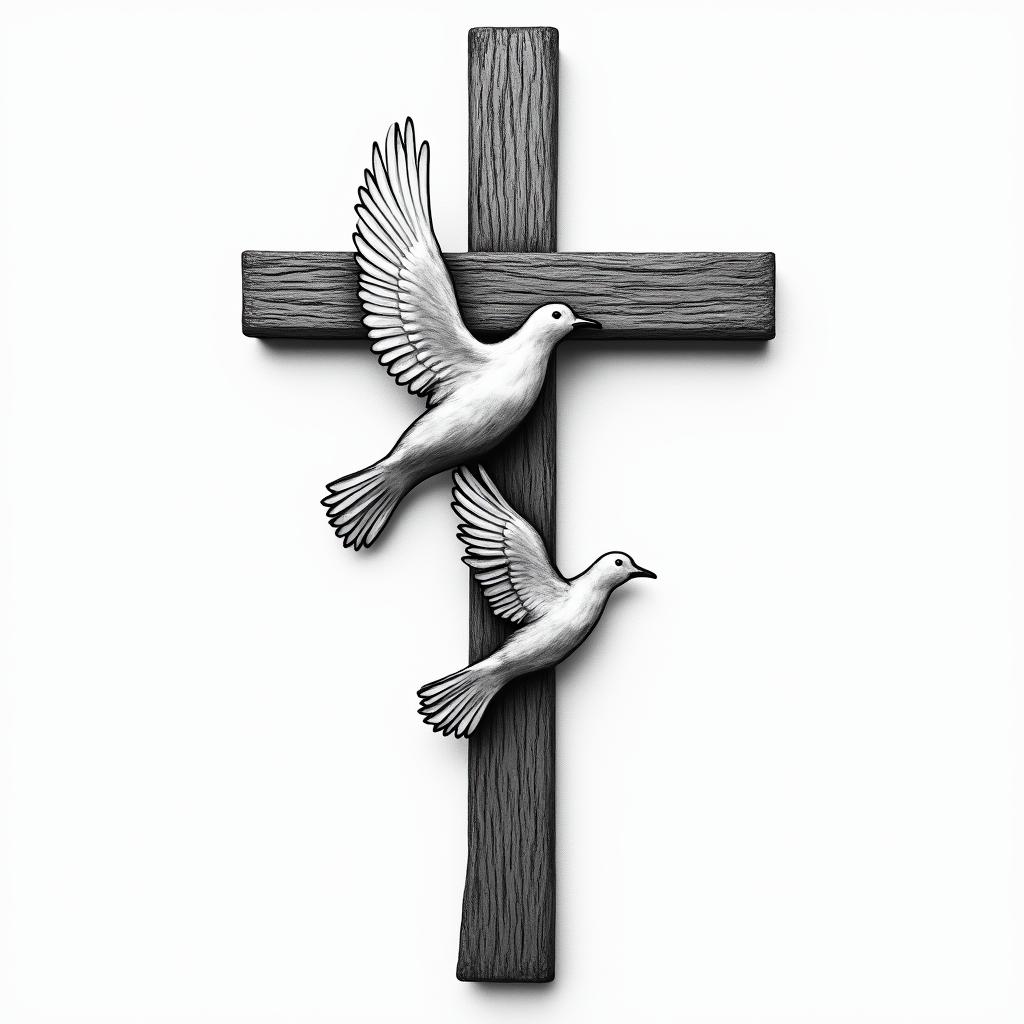 WOODEN CROSS WITH NAME "BUB" and date 03/23/1991 on one side AND "PAP" with date 11/10/1986 on other side WITH A WHITE DOVE LANDING ON top of IT and "mom" with 11/17/2017 on the dovehigly detailed tattoo
