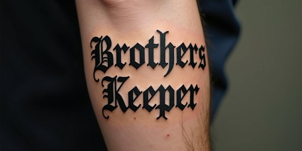 My Brothers Keepertext-based tattoo, gothic font ultra-realistic, perfectly placed, high-quality font design, photo-realistic shading, 8k, high quality, finely detailed typography - Variation 3
