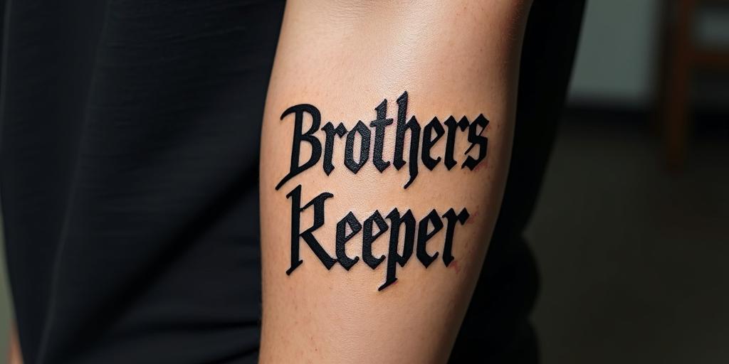 My Brothers Keepertext-based tattoo, gothic font ultra-realistic, perfectly placed, high-quality font design, photo-realistic shading, 8k, high quality, finely detailed typography