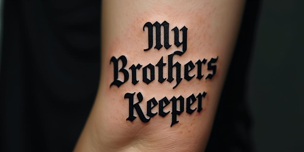 My Brothers Keepertext-based tattoo, gothic font ultra-realistic, perfectly placed, high-quality font design, photo-realistic shading, 8k, high quality, finely detailed typography - Variation 2