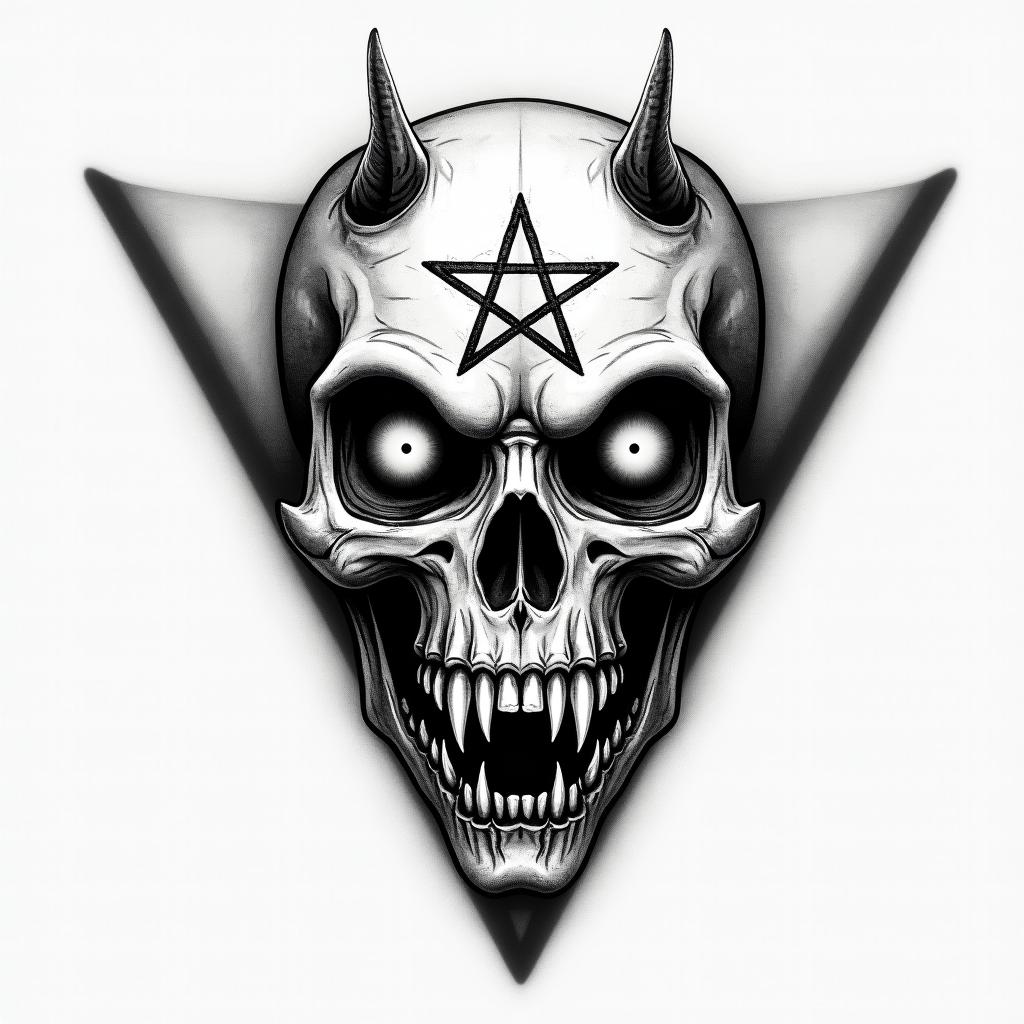 Samuele, half Italian and half English, who loves large animals and is a Pisces, lives in Italy.creepy horror tattoo style, featuring an eerie and unsettling skull of a demonic creature, distorted face with sharp fangs, add pentagram symbol - Variation 3