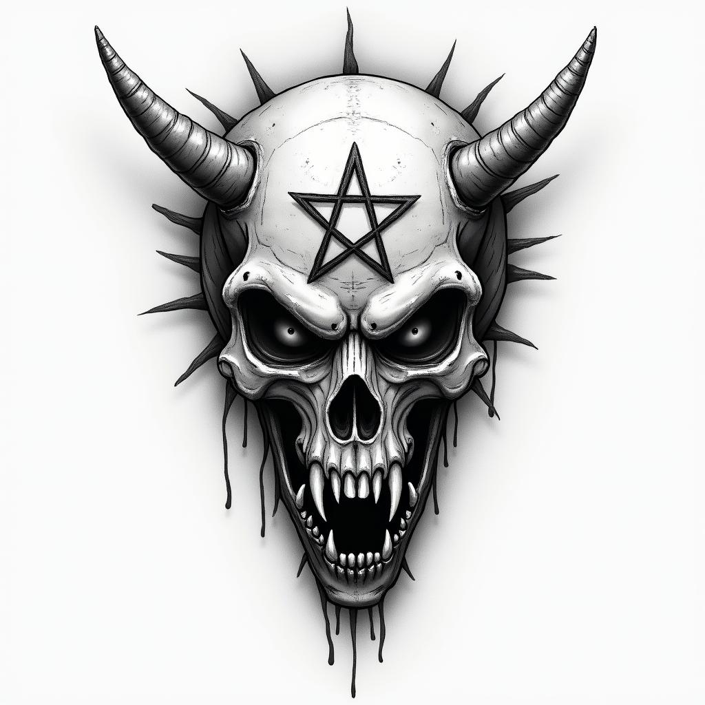 Samuele, half Italian and half English, who loves large animals and is a Pisces, lives in Italy.creepy horror tattoo style, featuring an eerie and unsettling skull of a demonic creature, distorted face with sharp fangs, add pentagram symbol - Variation 2