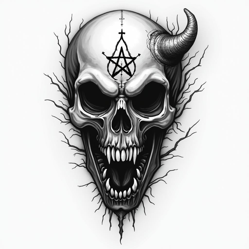 Samuele, half Italian and half English, who loves large animals and is a Pisces, lives in Italy.creepy horror tattoo style, featuring an eerie and unsettling skull of a demonic creature, distorted face with sharp fangs, add pentagram symbol - Variation 4