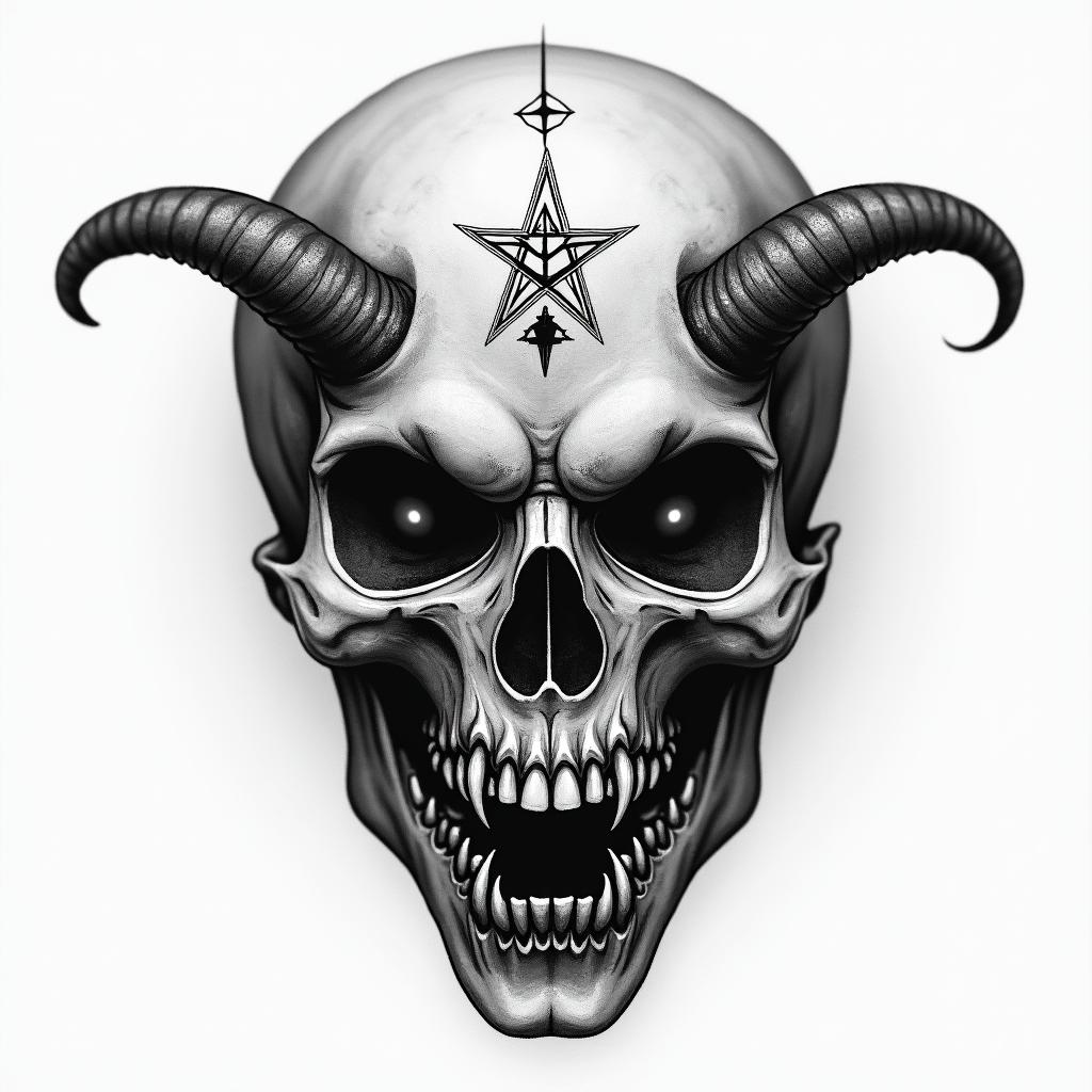 Samuele, half Italian and half English, who loves large animals and is a Pisces, lives in Italy.creepy horror tattoo style, featuring an eerie and unsettling skull of a demonic creature, distorted face with sharp fangs, add pentagram symbol - Variation 1
