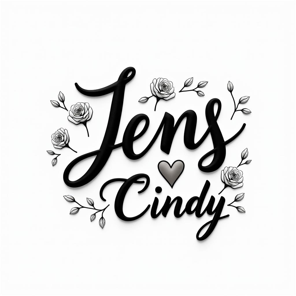 Jens & Cindyin elegant cursive calligraphy style 2d tattoo, decorate with roses, featuring a smooth and flowing handwritten script with slightly thickened strokes for a luxurious and bold appearance,  heart symbol between names,  sleek and glossy black text with shadowing, minimalist matte white background, clean and sharp edges, illuminated with soft lighting, romantic, 8k, high-quality textures with refined typography - Variation 4
