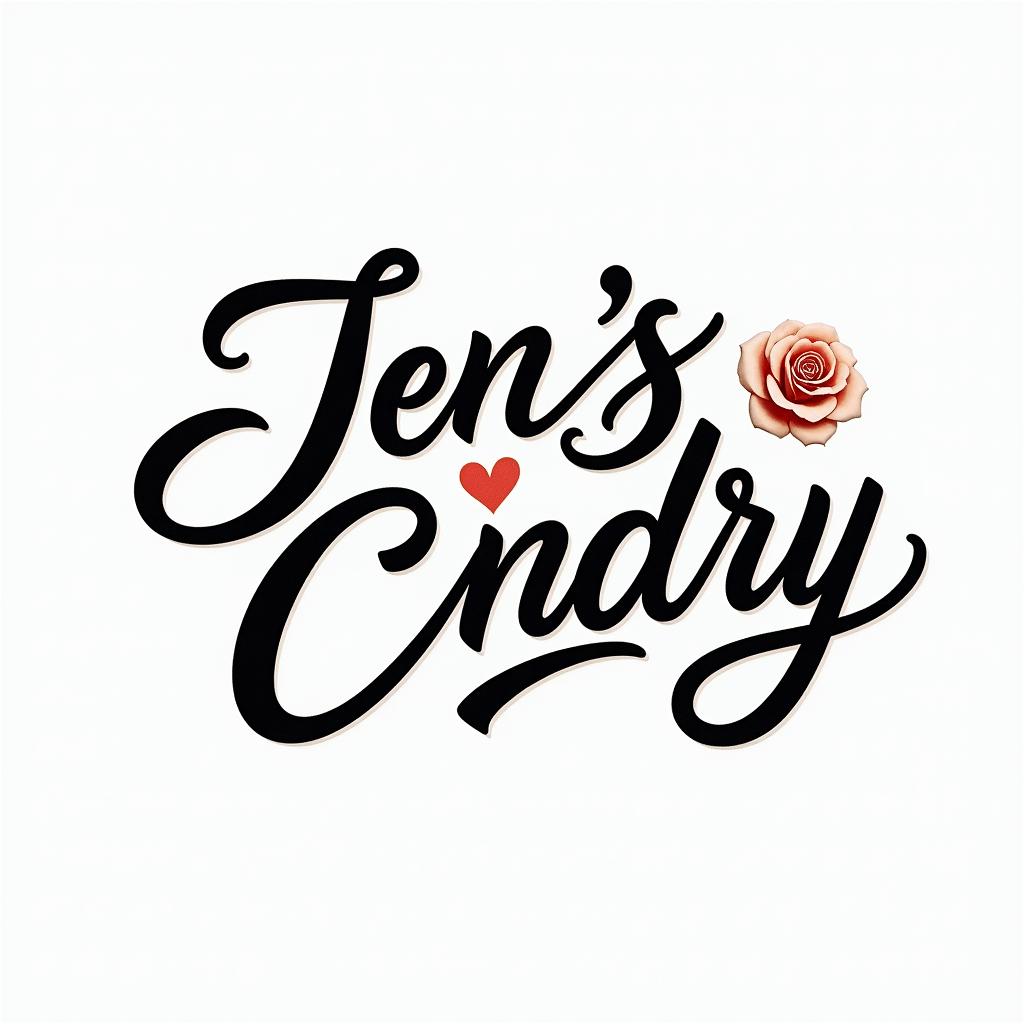 Jens & Cindyin elegant cursive calligraphy style 2d tattoo, decorate with roses, featuring a smooth and flowing handwritten script with slightly thickened strokes for a luxurious and bold appearance,  heart symbol between names,  sleek and glossy black text with shadowing, minimalist matte white background, clean and sharp edges, illuminated with soft lighting, romantic, 8k, high-quality textures with refined typography - Variation 2