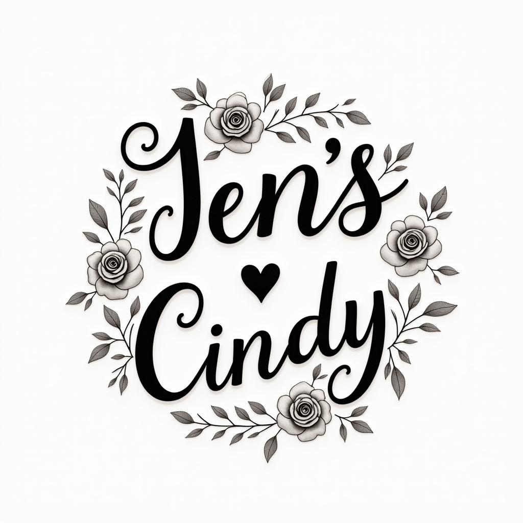 Jens & Cindyin elegant cursive calligraphy style 2d tattoo, decorate with roses, featuring a smooth and flowing handwritten script with slightly thickened strokes for a luxurious and bold appearance,  heart symbol between names,  sleek and glossy black text with shadowing, minimalist matte white background, clean and sharp edges, illuminated with soft lighting, romantic, 8k, high-quality textures with refined typography