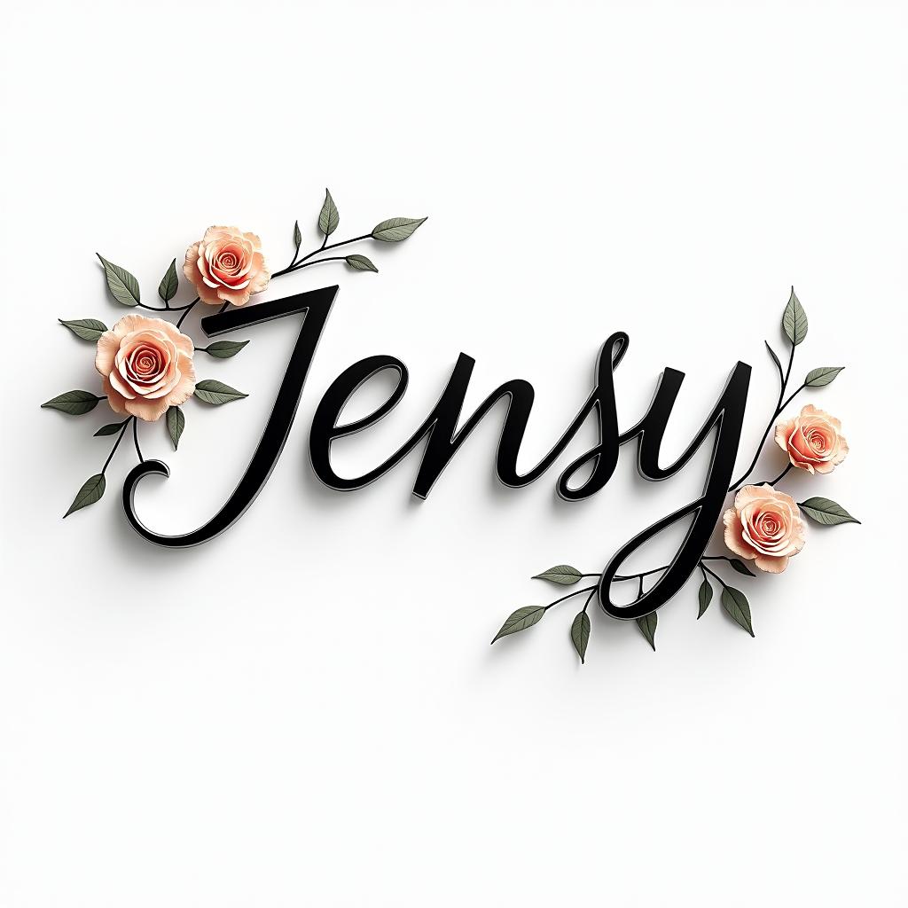 Jens & Cindyin elegant cursive calligraphy style 2d tattoo, decorate with roses, featuring a smooth and flowing handwritten script with slightly thickened strokes for a luxurious and bold appearance,  heart symbol between names,  sleek and glossy black text with shadowing, minimalist matte white background, clean and sharp edges, illuminated with soft lighting, romantic, 8k, high-quality textures with refined typography - Variation 3