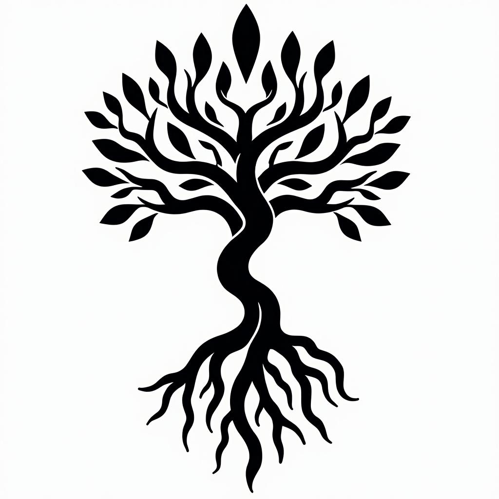 Tree of life with roots and branchesin tribal tattoo style, featuring bold and black geometric shapes, curved lines, intertwine and flow seamlessly, creating a powerful and symbolic design, polynesian and maori styles - Variation 2