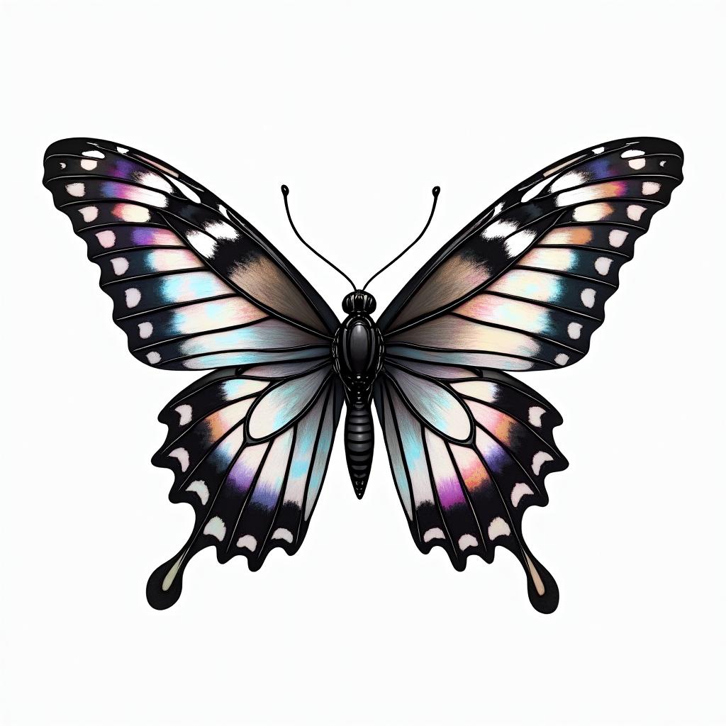 Butterfly with intricate wing patterns But veryI . -in distorted and fragmented tattoo design, featuring a classical statue bust, in a glitch art style with vibrant, overlapping colors of cyan, magenta, and yellow, creating a digital distortion effect - Variation 4