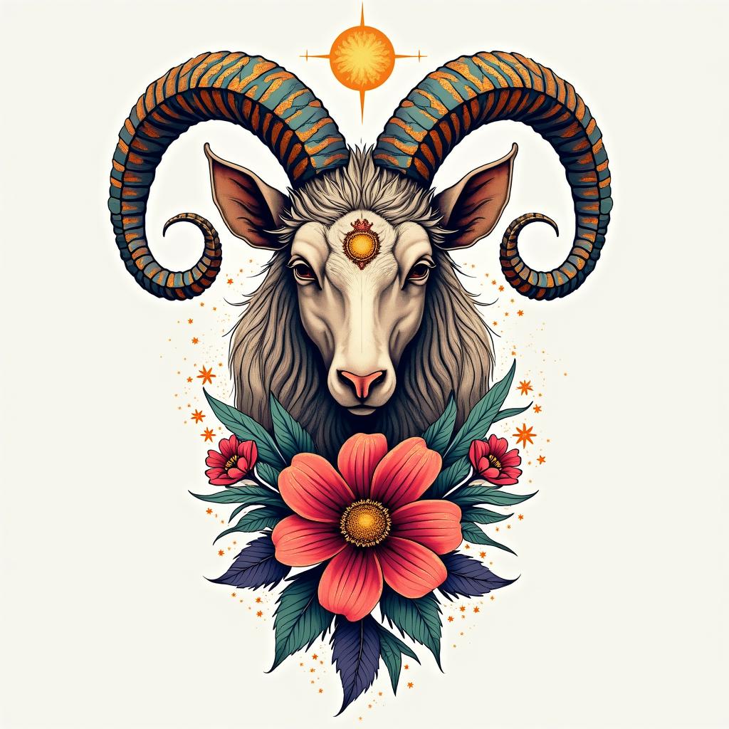 A vibrant tattoo design featuring an Aries constellation intertwined with beautiful, colorful flowers, symbolizing strength and beauty.undefined