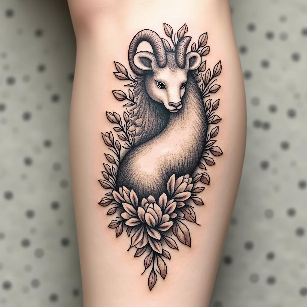 An artistic tattoo featuring the Aries zodiac sign surrounded by delicate floral patterns, capturing the fierce yet gentle nature of Aries.undefined