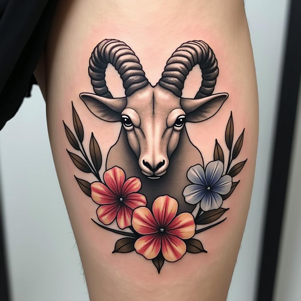 A stunning tattoo of the Aries symbol with blooming flowers, representing new beginnings and the passion of the Aries.undefined