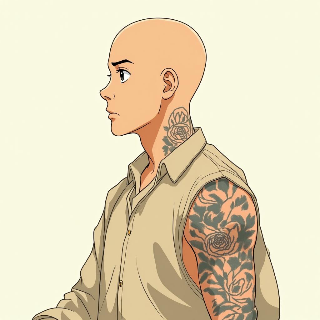 PalestineGhibli, Studio Ghibli aesthetic, hand-drawn anime style, retro nostalgic atmosphere, retro soft pastel color palette with earthy tones, retro Japanese cinematic shot, yellow tint effect, bald character, smooth surface, anime shadow 90's anime style - Variation 4