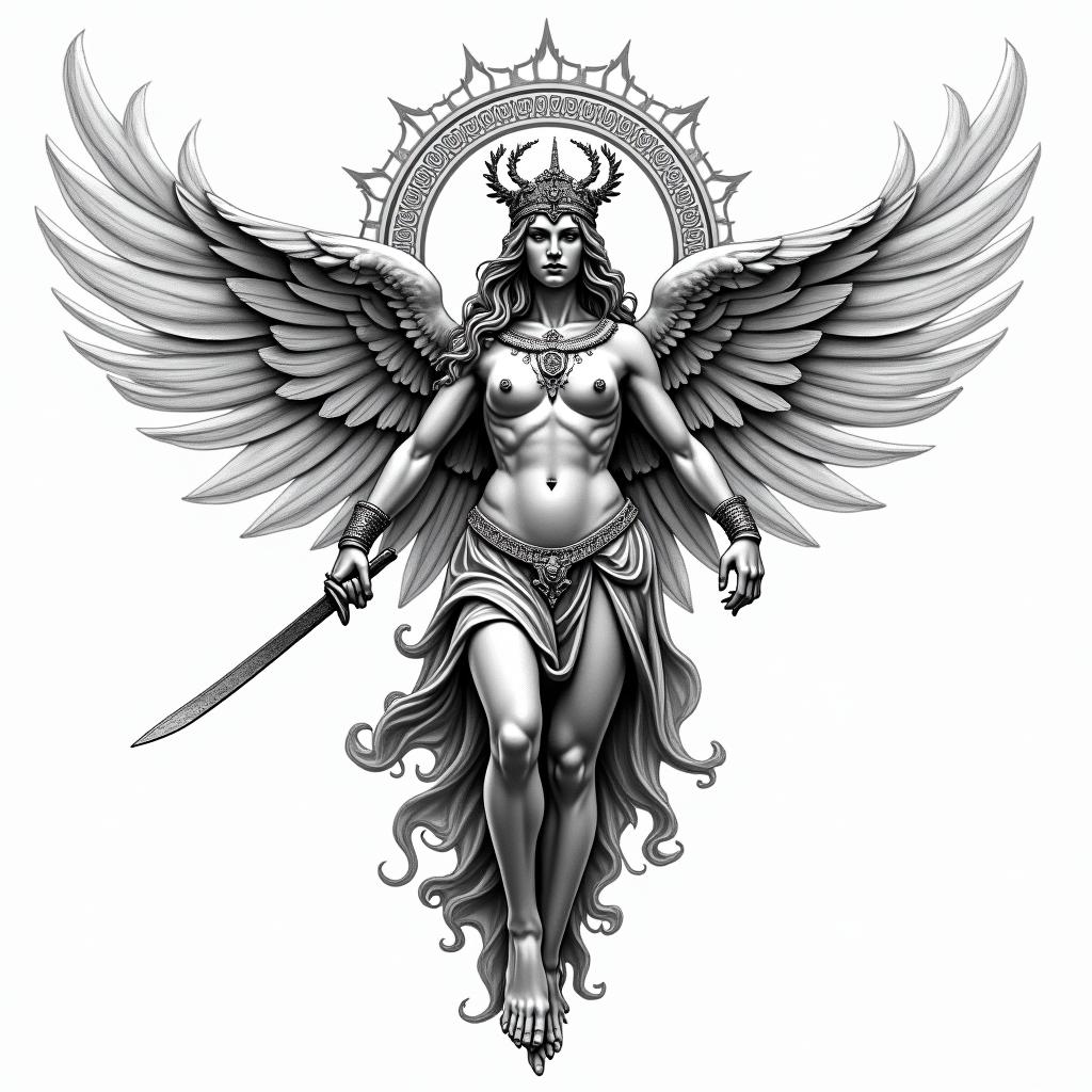 Athena, the goddess of war, firetext-based tattoo, gothic font ultra-realistic, perfectly placed, high-quality font design, photo-realistic shading, 8k, high quality, finely detailed typography - Variation 4