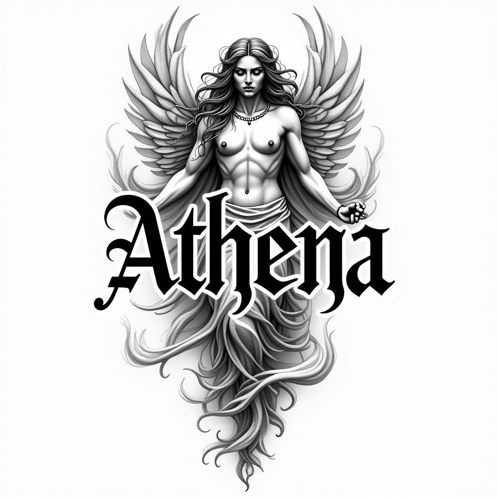 Athena, the goddess of war, firetext-based tattoo, gothic font ultra-realistic, perfectly placed, high-quality font design, photo-realistic shading, 8k, high quality, finely detailed typography - Variation 3