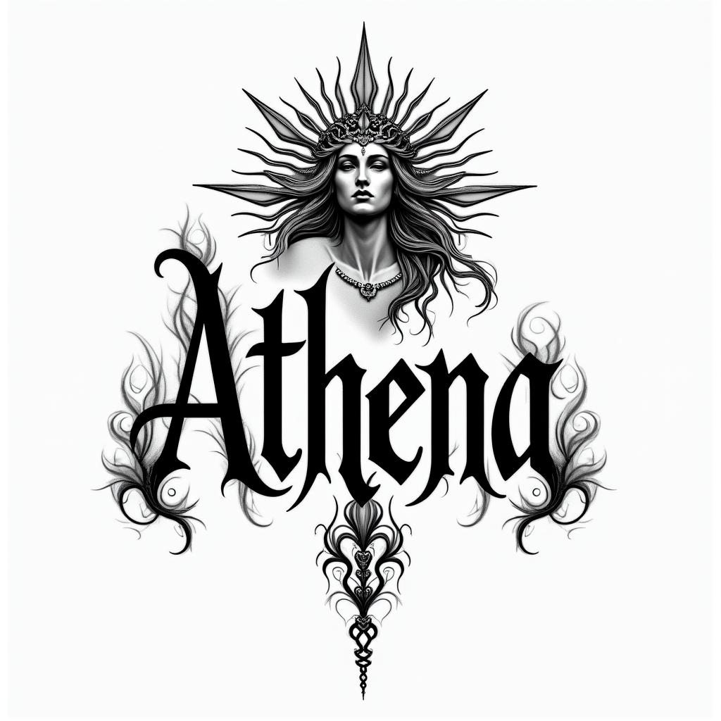 Athena, the goddess of war, firetext-based tattoo, gothic font ultra-realistic, perfectly placed, high-quality font design, photo-realistic shading, 8k, high quality, finely detailed typography - Variation 2