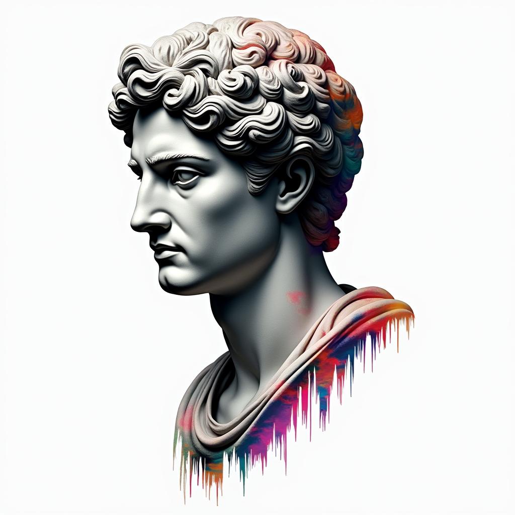 Samuele, half Italian and half English, who loves large animals and is a Pisces, lives in Italy.in distorted and fragmented tattoo design, featuring a classical statue bust, in a glitch art style with vibrant, overlapping colors of cyan, magenta, and yellow, creating a digital distortion effect - Variation 3