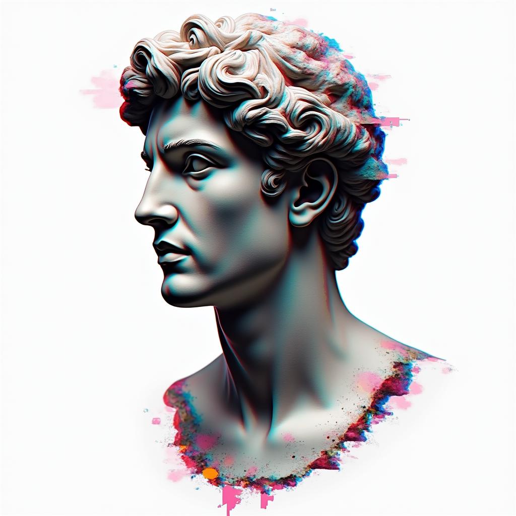 Samuele, half Italian and half English, who loves large animals and is a Pisces, lives in Italy.in distorted and fragmented tattoo design, featuring a classical statue bust, in a glitch art style with vibrant, overlapping colors of cyan, magenta, and yellow, creating a digital distortion effect - Variation 7