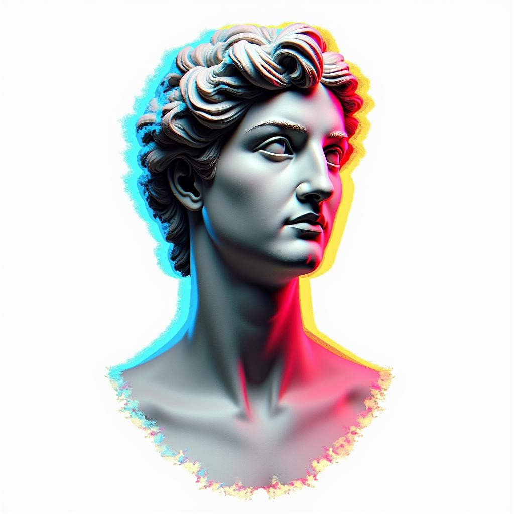 Samuele, half Italian and half English, who loves large animals and is a Pisces, lives in Italy.in distorted and fragmented tattoo design, featuring a classical statue bust, in a glitch art style with vibrant, overlapping colors of cyan, magenta, and yellow, creating a digital distortion effect - Variation 4