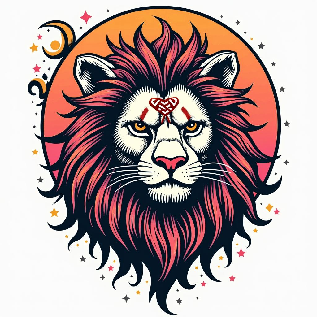 Lion, mystical, with a witch knot on its forehead.in pop art style tattoo, featuring bold and vibrant colors, exaggerated outlines, iconic imagery, inspired by comic books and speech bubbles, comic book characters, retro pop culture - Variation 3