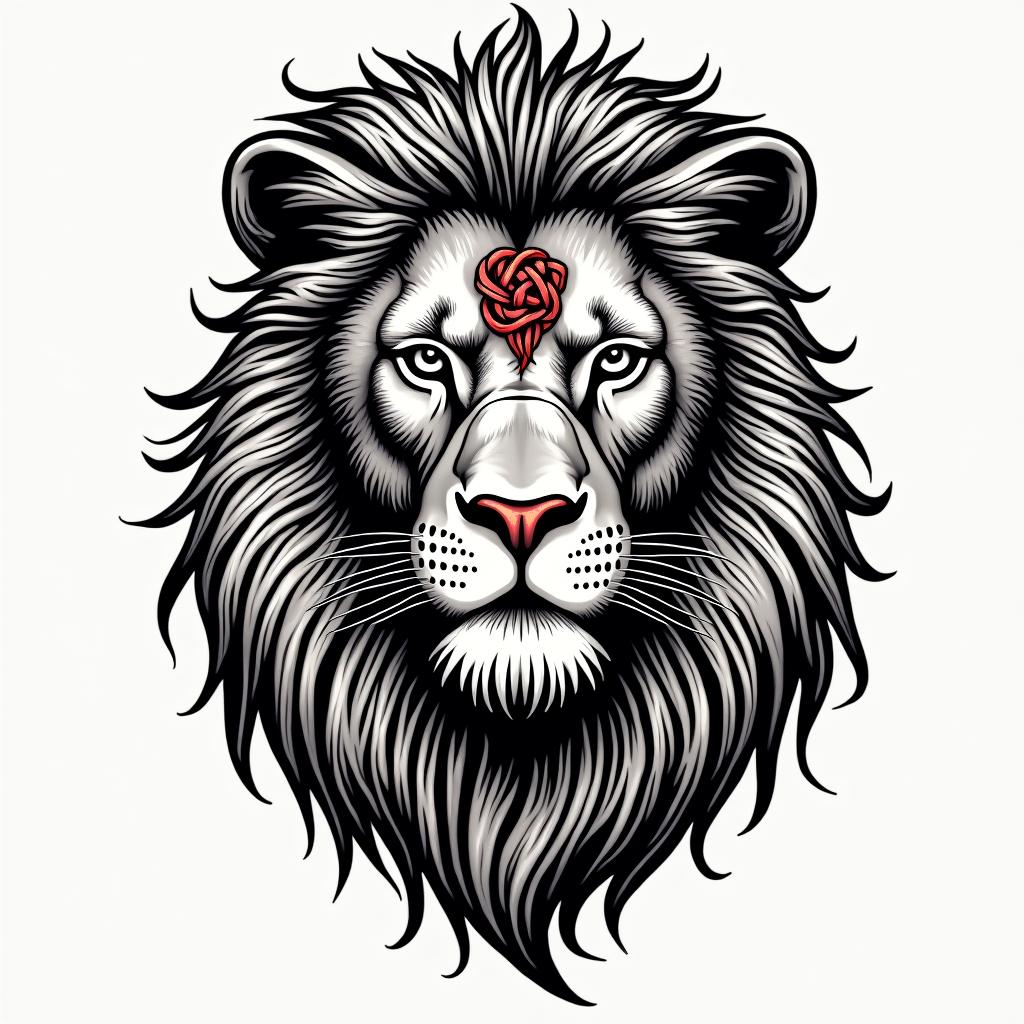 Lion, mystical, with a witch knot on its forehead.in pop art style tattoo, featuring bold and vibrant colors, exaggerated outlines, iconic imagery, inspired by comic books and speech bubbles, comic book characters, retro pop culture - Variation 2