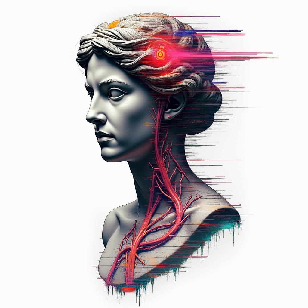 SAH DSA Checkup blood vessels with aneurysmin distorted and fragmented tattoo design, featuring a classical statue bust, in a glitch art style with vibrant, overlapping colors of cyan, magenta, and yellow, creating a digital distortion effect - Variation 2