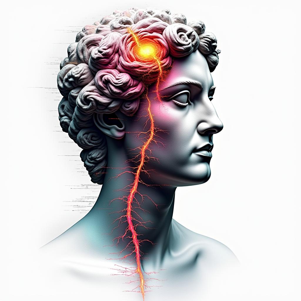 SAH DSA Checkup blood vessels with aneurysmin distorted and fragmented tattoo design, featuring a classical statue bust, in a glitch art style with vibrant, overlapping colors of cyan, magenta, and yellow, creating a digital distortion effect - Variation 3