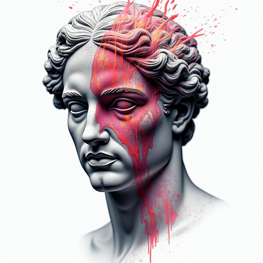 SAH DSA Checkup blood vessels with aneurysmin distorted and fragmented tattoo design, featuring a classical statue bust, in a glitch art style with vibrant, overlapping colors of cyan, magenta, and yellow, creating a digital distortion effect - Variation 4