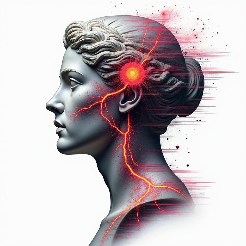 SAH DSA Checkup blood vessels with aneurysmin distorted and fragmented tattoo design, featuring a classical statue bust, in a glitch art style with vibrant, overlapping colors of cyan, magenta, and yellow, creating a digital distortion effect