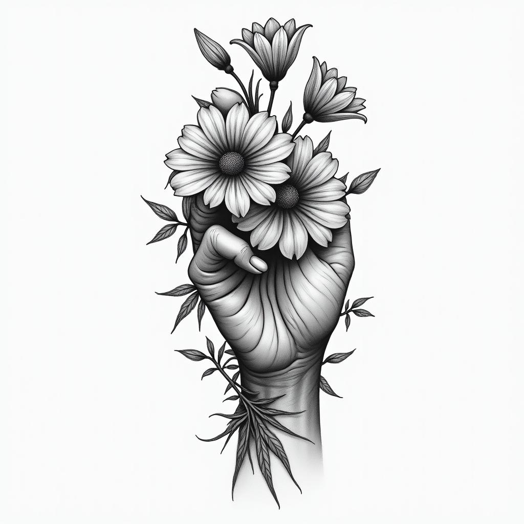 Flowers, beautiful, hand, forehandhigly detailed tattoo - Variation 7