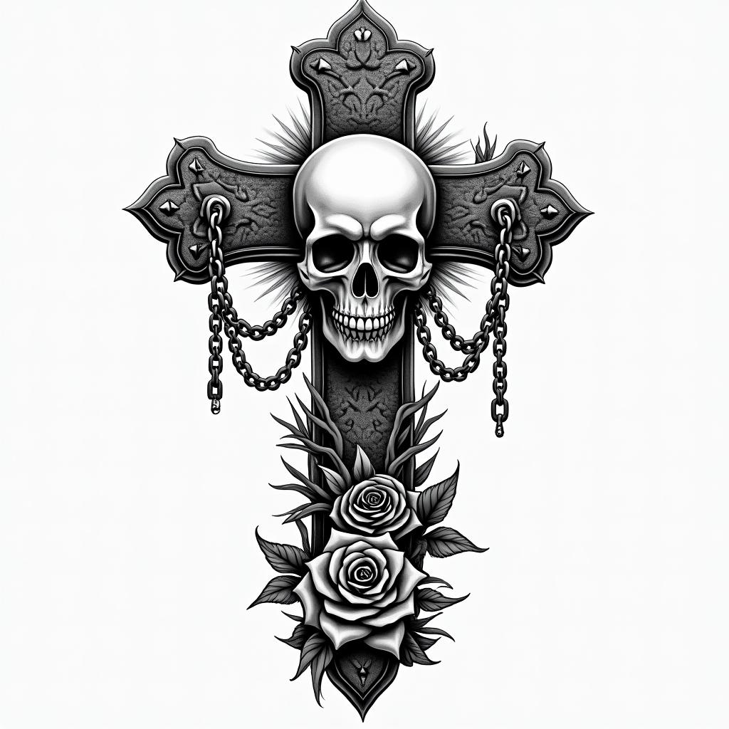 Julián, Taurus, Aprilin chicano style tattoo, featuring intricate black and grey shading, bold elements of traditional chicano culture symbols, add a big cross with skull, chains and roses
