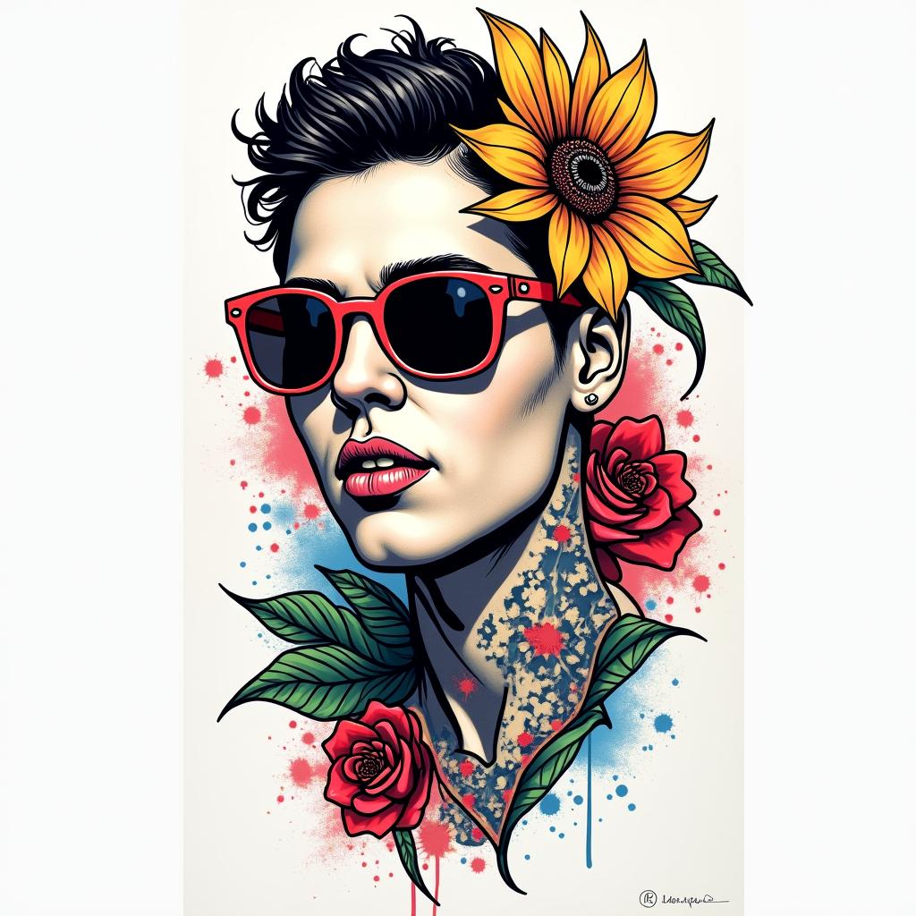 Enrique, Mexico, 24 years oldin pop art style tattoo, featuring bold and vibrant colors, exaggerated outlines, iconic imagery, inspired by comic books and speech bubbles, comic book characters, retro pop culture - Variation 4