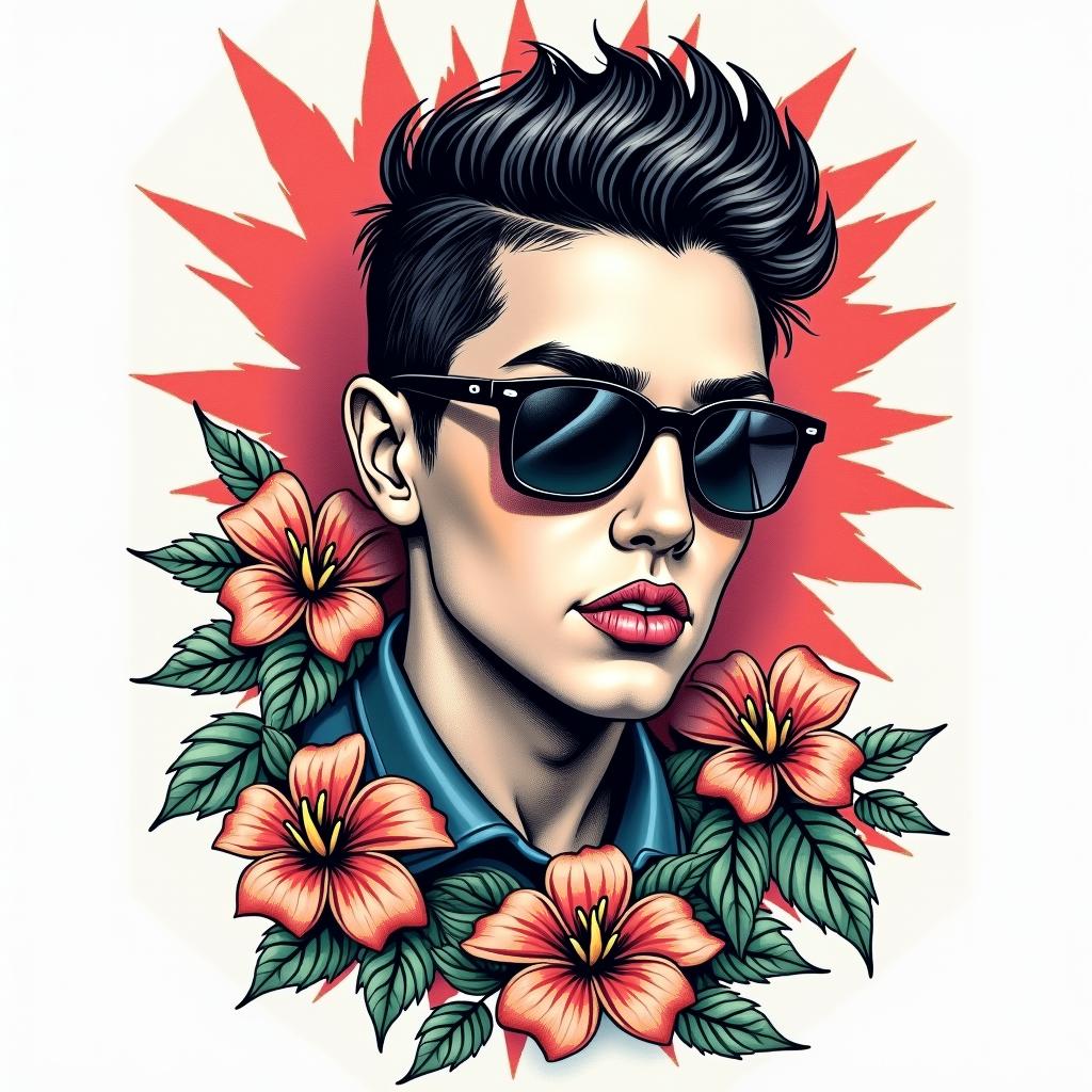 Enrique, Mexico, 24 years oldin pop art style tattoo, featuring bold and vibrant colors, exaggerated outlines, iconic imagery, inspired by comic books and speech bubbles, comic book characters, retro pop culture - Variation 1