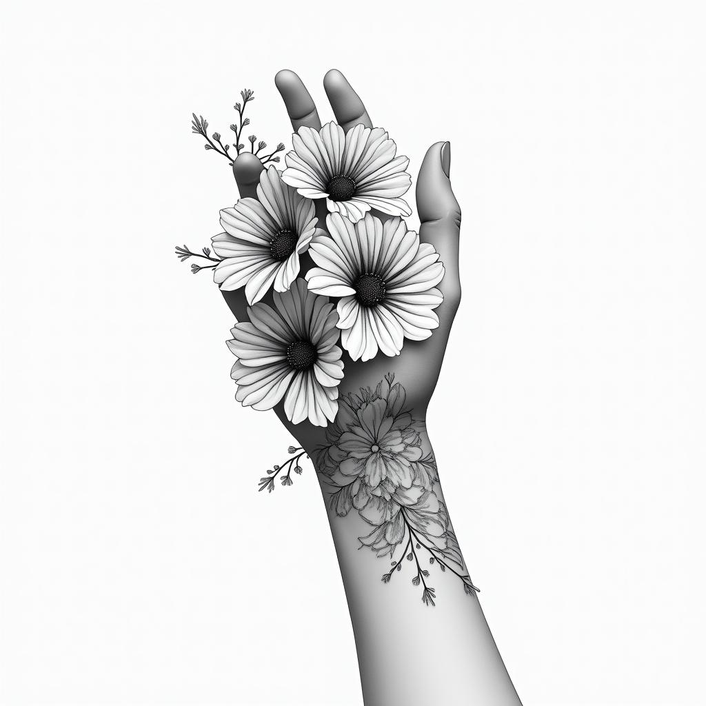 Flowers, beautiful, hand, forehandhigly detailed tattoo - Variation 2