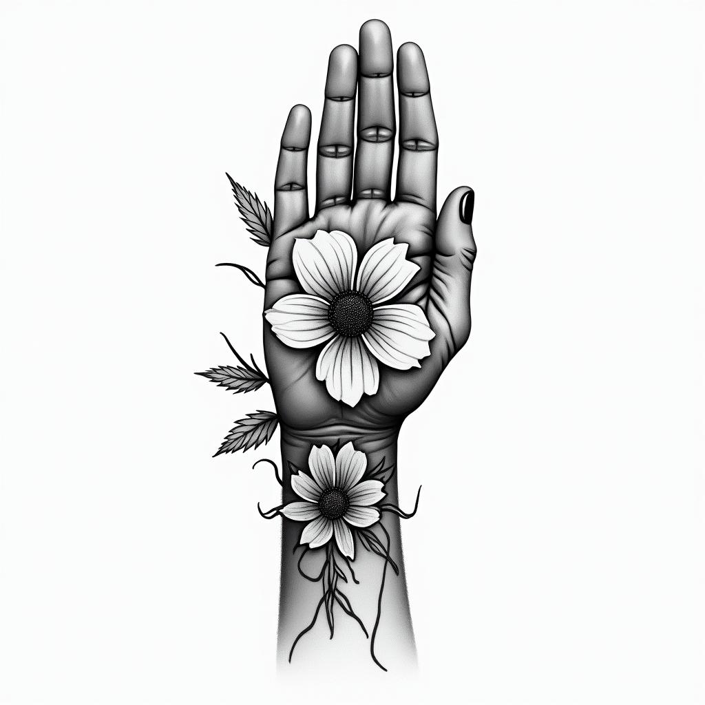 Flowers, beautiful, hand, forehandhigly detailed tattoo - Variation 4