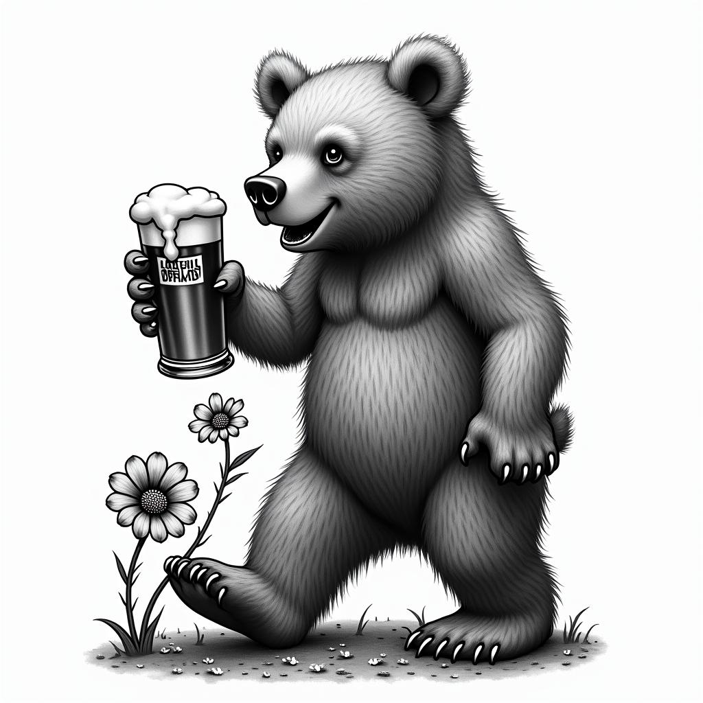 Grateful Dead marching bear holding a 40oz of beer urinating on a flowerhigly detailed tattoo