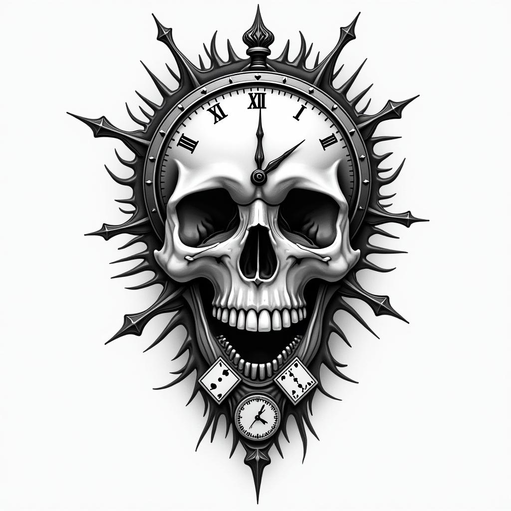 A skull with playing cards, dice, and a broken clock without hands.higly detailed tattoo - Variation 1