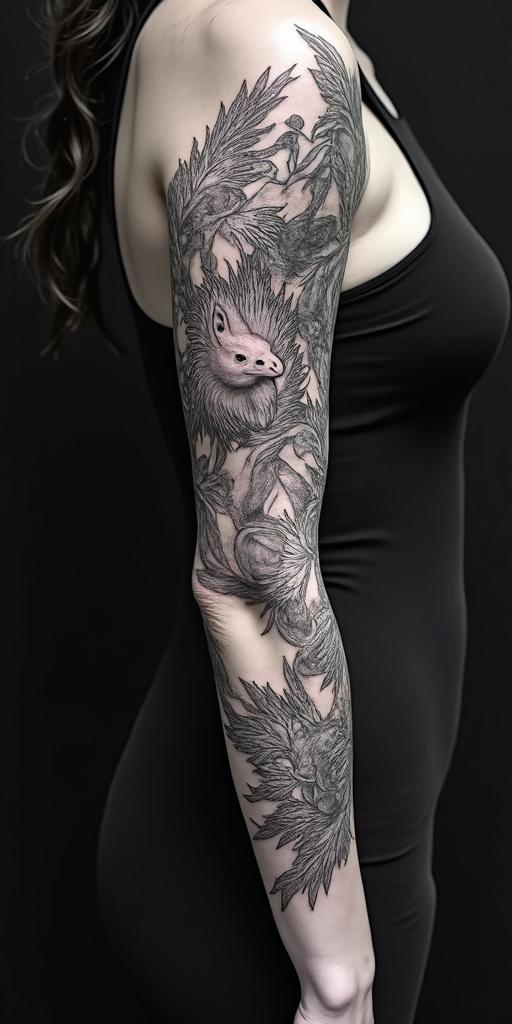 arm cover up, mix of wolf and phoenixin ornamental tattoo style, featuring intricate symmetrical patterns and floral designs, showcasing highly detailed line work and geometric shapes, creating a sense of elegance and balance - Variation 2