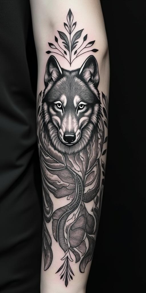 arm cover up, mix of wolf and phoenixin ornamental tattoo style, featuring intricate symmetrical patterns and floral designs, showcasing highly detailed line work and geometric shapes, creating a sense of elegance and balance - Variation 4