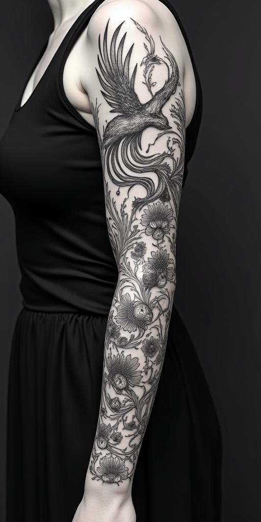 arm cover up, mix of wolf and phoenixin ornamental tattoo style, featuring intricate symmetrical patterns and floral designs, showcasing highly detailed line work and geometric shapes, creating a sense of elegance and balance - Variation 3