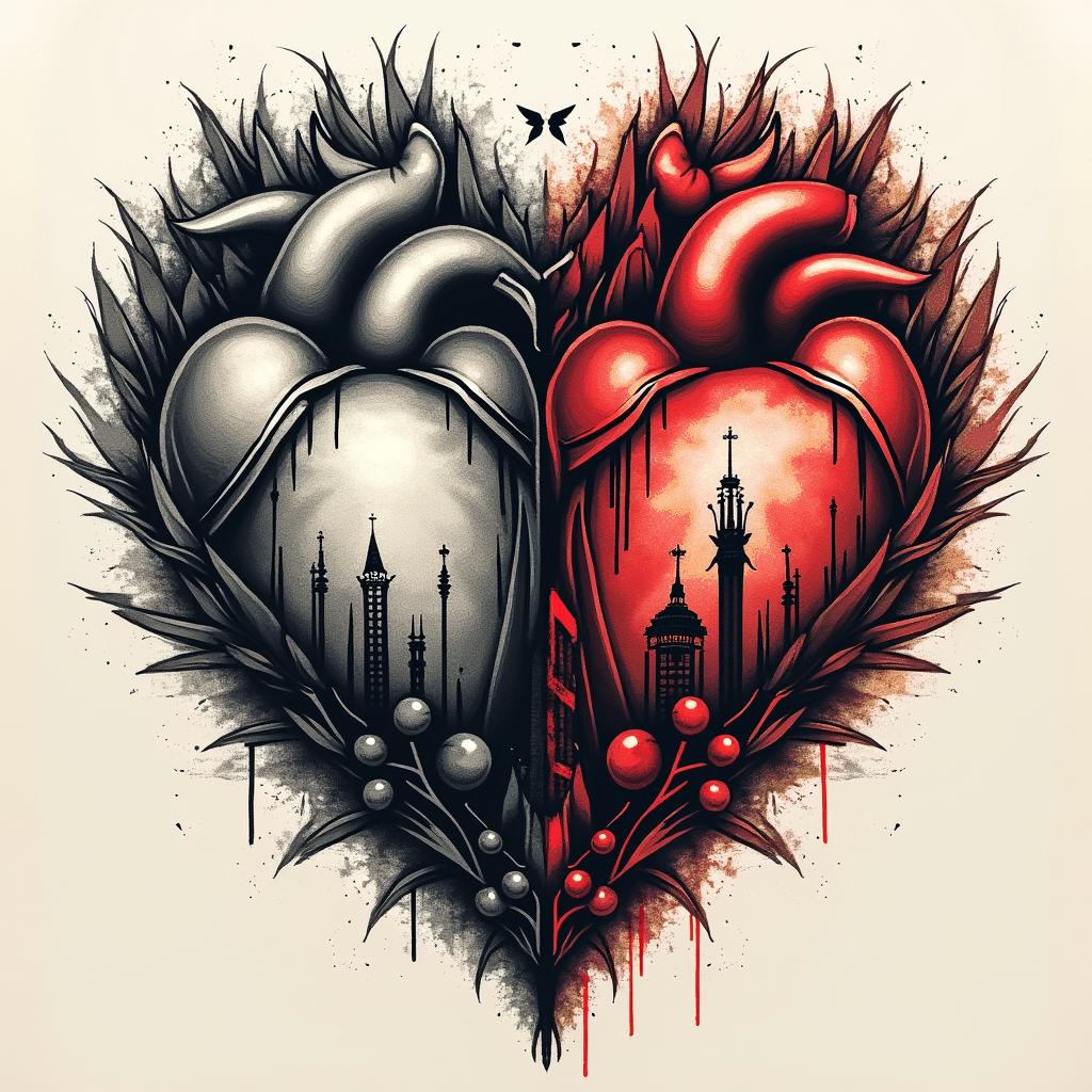 Here is a detailed description of the tattoo composition in the Trash Polka style that combines the symbolism of Ukraine and Poland in the concept of "Two Hearts / Two Lands":
---
### Concept of the Composition
- **Central Element:**
Two intertwining or separated stylized hearts symbolize the duality between desires, home, past and future (Ukraine) and reality, present, refuge (Poland). The shape of the hearts can be dynamic, depicted with distinctly contrasting strokes characteristic of Trash Polka.
- **Ukrainian Half:**
- *Symbols and Details:*
Here, one can use a black outline of the map of Ukraine, inside of which is a realistically drawn ear of wheat (black-gray) or a cluster of viburnum with bright red berries emphasizing emotional richness.
- *Background and Atmosphere:*
The background can consist of "torn" black strokes symbolizing memories, nostalgia, and longing, creating a softer, almost dissolved effect.
- *Text Elements:*
You can add the word "ДІМ" (home) or "МРІЯ" (dream) in a stylized font, possibly resembling the architectural shapes of a well-known building in your city (for instance, a fragment of the Sulowski Castle in Bielsko-Biała).
- **Polish Half:**
- *Symbols and Details:*
This part can be accentuated through the use of more distinct, sharp black lines and geometric shapes reflecting the structure of reality and modernity. The key symbol is a stylized white eagle from the emblem of Poland, created on an intensely red background (with elements of red strokes and lines).
- *Text Elements:*
On this part of the composition, the word "TERAZ" (now) or the addition of the current date/coordinates highlighting relevance and immediacy would look good.
- **Transition Between Halves:**
The boundary between the Ukrainian and Polish parts will be unclear, "torn," and dynamic. Flowing black inkblots and sharp red lines will create the effect of internal conflict and tension, supporting the drama and emotional depth of the composition.
---
### Notes on the Trash Polka Style
The combination of realism and abstraction characteristic of Trash Polka will ensure visual tension through the use of a monochrome palette dominated by black and bright red accents. Contrasting, bold elements and dynamic graphic strokes will complement the meaning of the composition, turning the tattoo into a true work of art capable of conveying complex emotions and inner contradictions.
---
This concept will allow for the creation of a profound, symbolic tattoo, where each detail—from realistic elements to abstract strokes—tells the story of the search for balance between the past and present, dream and reality.creepy horror tattoo style, featuring an eerie and unsettling skull of a demonic creature, distorted face with sharp fangs, add pentagram symbol - Variation 4