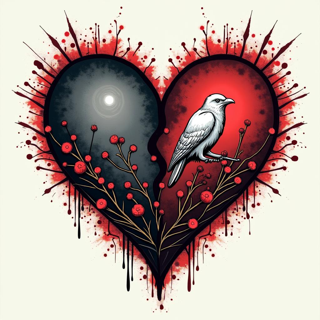Here is a detailed description of the tattoo composition in the Trash Polka style that combines the symbolism of Ukraine and Poland in the concept of "Two Hearts / Two Lands":
---
### Concept of the Composition
- **Central Element:**
Two intertwining or separated stylized hearts symbolize the duality between desires, home, past and future (Ukraine) and reality, present, refuge (Poland). The shape of the hearts can be dynamic, depicted with distinctly contrasting strokes characteristic of Trash Polka.
- **Ukrainian Half:**
- *Symbols and Details:*
Here, one can use a black outline of the map of Ukraine, inside of which is a realistically drawn ear of wheat (black-gray) or a cluster of viburnum with bright red berries emphasizing emotional richness.
- *Background and Atmosphere:*
The background can consist of "torn" black strokes symbolizing memories, nostalgia, and longing, creating a softer, almost dissolved effect.
- *Text Elements:*
You can add the word "ДІМ" (home) or "МРІЯ" (dream) in a stylized font, possibly resembling the architectural shapes of a well-known building in your city (for instance, a fragment of the Sulowski Castle in Bielsko-Biała).
- **Polish Half:**
- *Symbols and Details:*
This part can be accentuated through the use of more distinct, sharp black lines and geometric shapes reflecting the structure of reality and modernity. The key symbol is a stylized white eagle from the emblem of Poland, created on an intensely red background (with elements of red strokes and lines).
- *Text Elements:*
On this part of the composition, the word "TERAZ" (now) or the addition of the current date/coordinates highlighting relevance and immediacy would look good.
- **Transition Between Halves:**
The boundary between the Ukrainian and Polish parts will be unclear, "torn," and dynamic. Flowing black inkblots and sharp red lines will create the effect of internal conflict and tension, supporting the drama and emotional depth of the composition.
---
### Notes on the Trash Polka Style
The combination of realism and abstraction characteristic of Trash Polka will ensure visual tension through the use of a monochrome palette dominated by black and bright red accents. Contrasting, bold elements and dynamic graphic strokes will complement the meaning of the composition, turning the tattoo into a true work of art capable of conveying complex emotions and inner contradictions.
---
This concept will allow for the creation of a profound, symbolic tattoo, where each detail—from realistic elements to abstract strokes—tells the story of the search for balance between the past and present, dream and reality.creepy horror tattoo style, featuring an eerie and unsettling skull of a demonic creature, distorted face with sharp fangs, add pentagram symbol - Variation 2